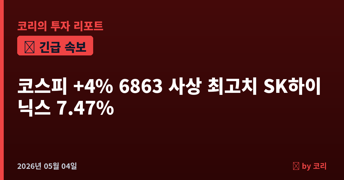 속보 코스피 +4% 6863 사상 최고치, SK하이닉스 135.4만 신고가…매파 우려 무시·외국인 1.26조 폭매수 - 현장 사진 1