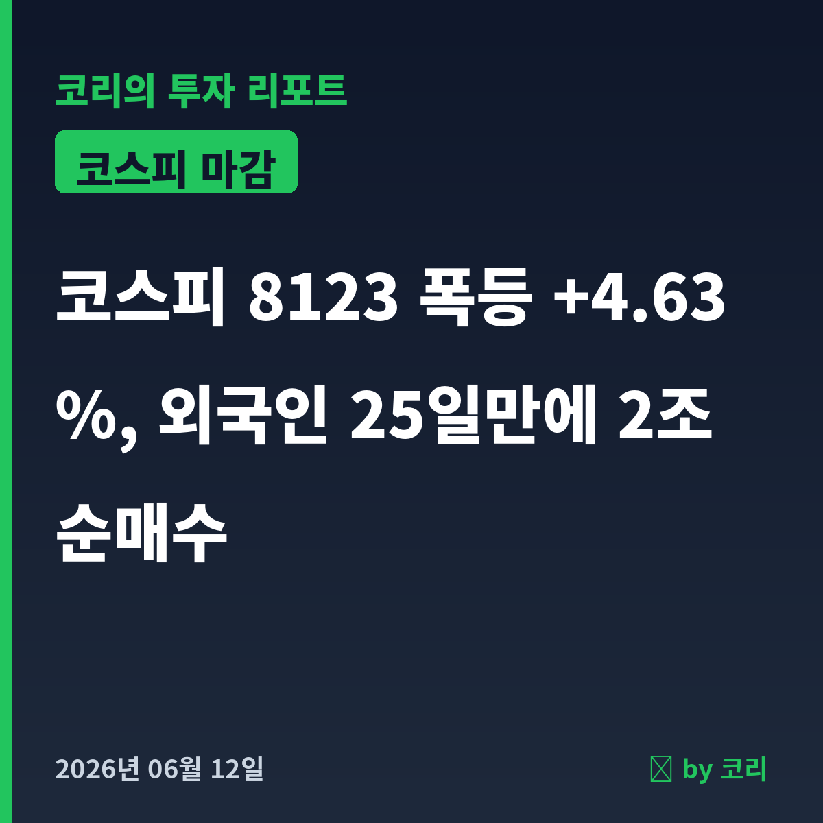 국내 증시 마감 6월 12일 코스피 8123 폭등, 외국인 25일만에 2조 순매수 - 현장 사진 1 국내 증시 마감 6월 12일 코스피 8123 폭등, 외국인 25일만에 2조 순매수 - 현장 사진 1